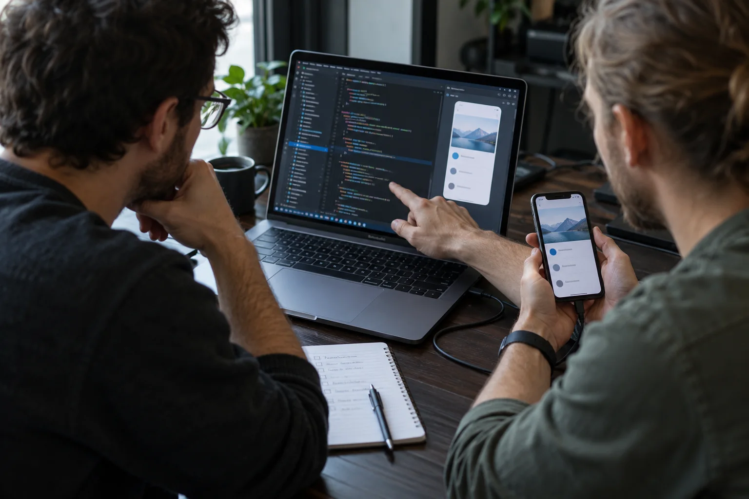 Two mobile engineers pairing on a native feature module and testing it on a physical phone