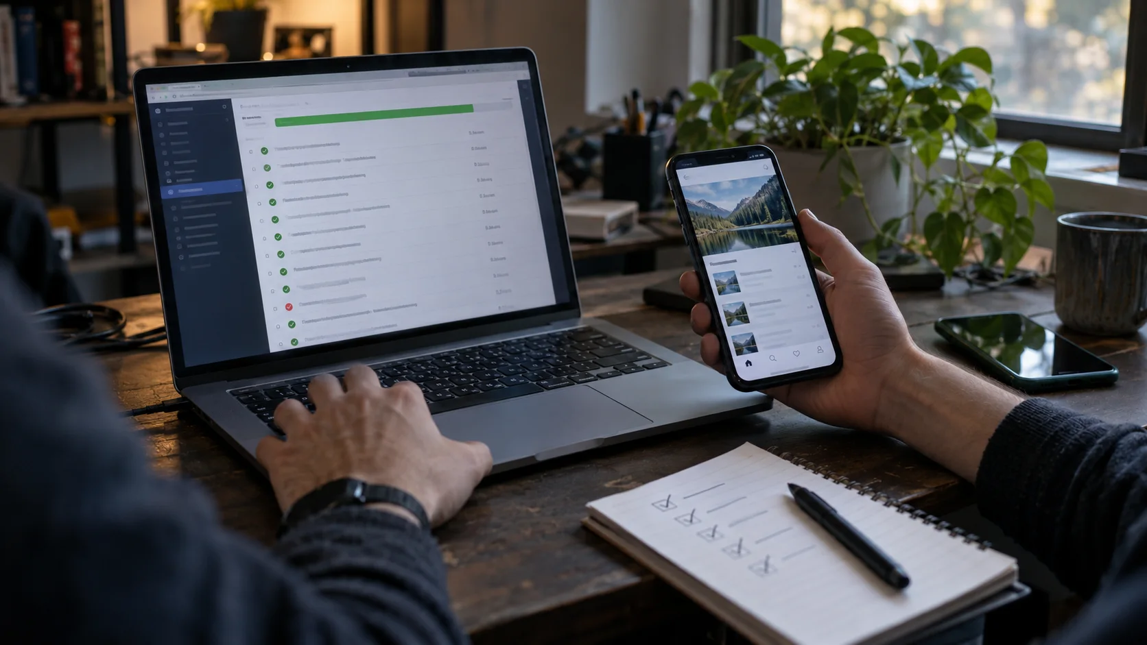 An engineer checking a mobile app on a physical phone against release tests on a laptop