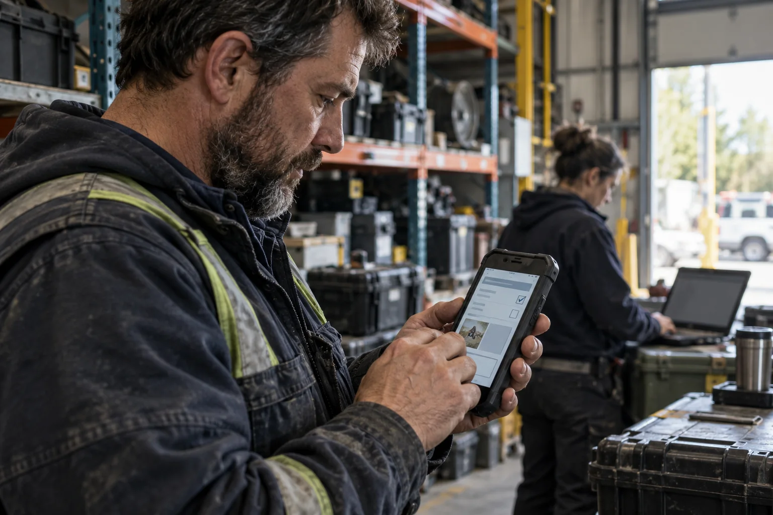 A field technician using an offline mobile workflow in an industrial setting