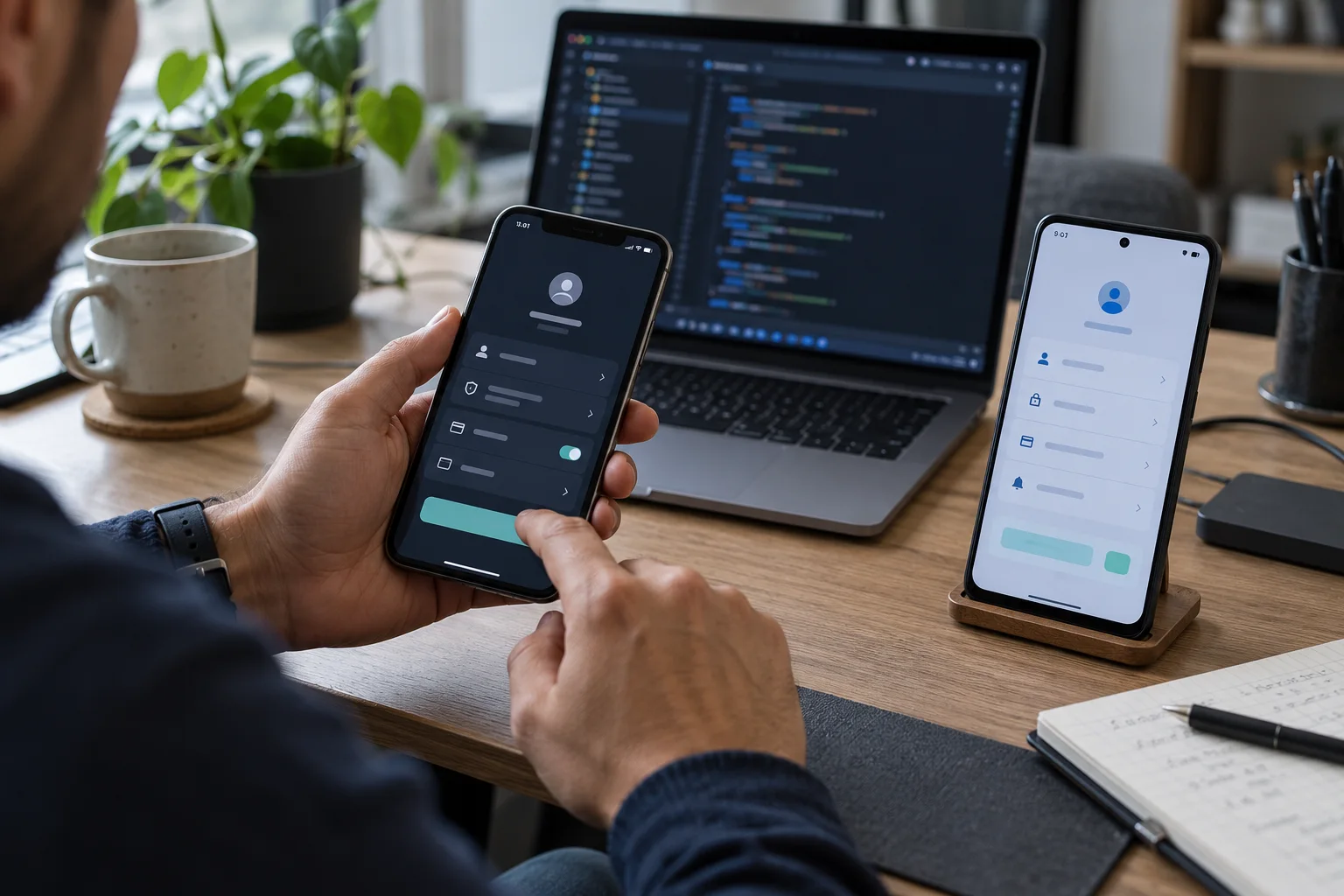 A developer testing one account module across two mobile platforms