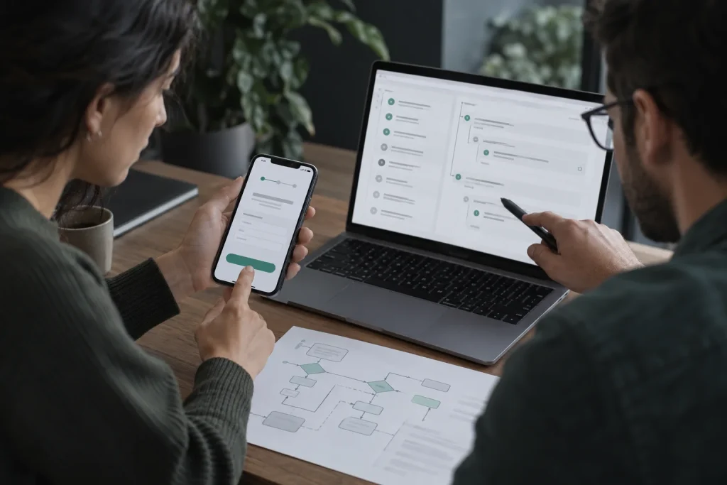 A product specialist and engineer reviewing a mobile onboarding module and its testable rules